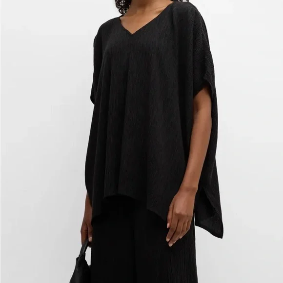 Eileen Fisher Missy Woven Sheer Mesh Plisse V-Neck Top / Poncho in Black Organic - Picture 1 of 6